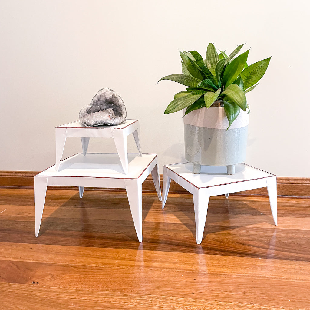 Industrial white washed metal square small table pot holder stool set 3