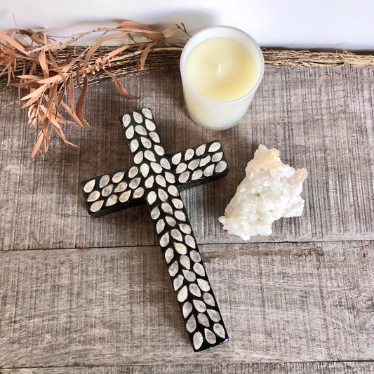 Capiz shell inlay wall tile cross