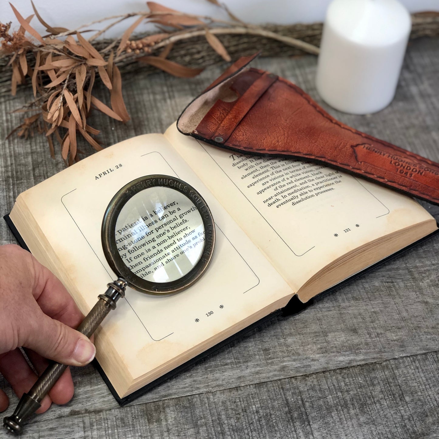 Antique brass magnifying glass + leather case