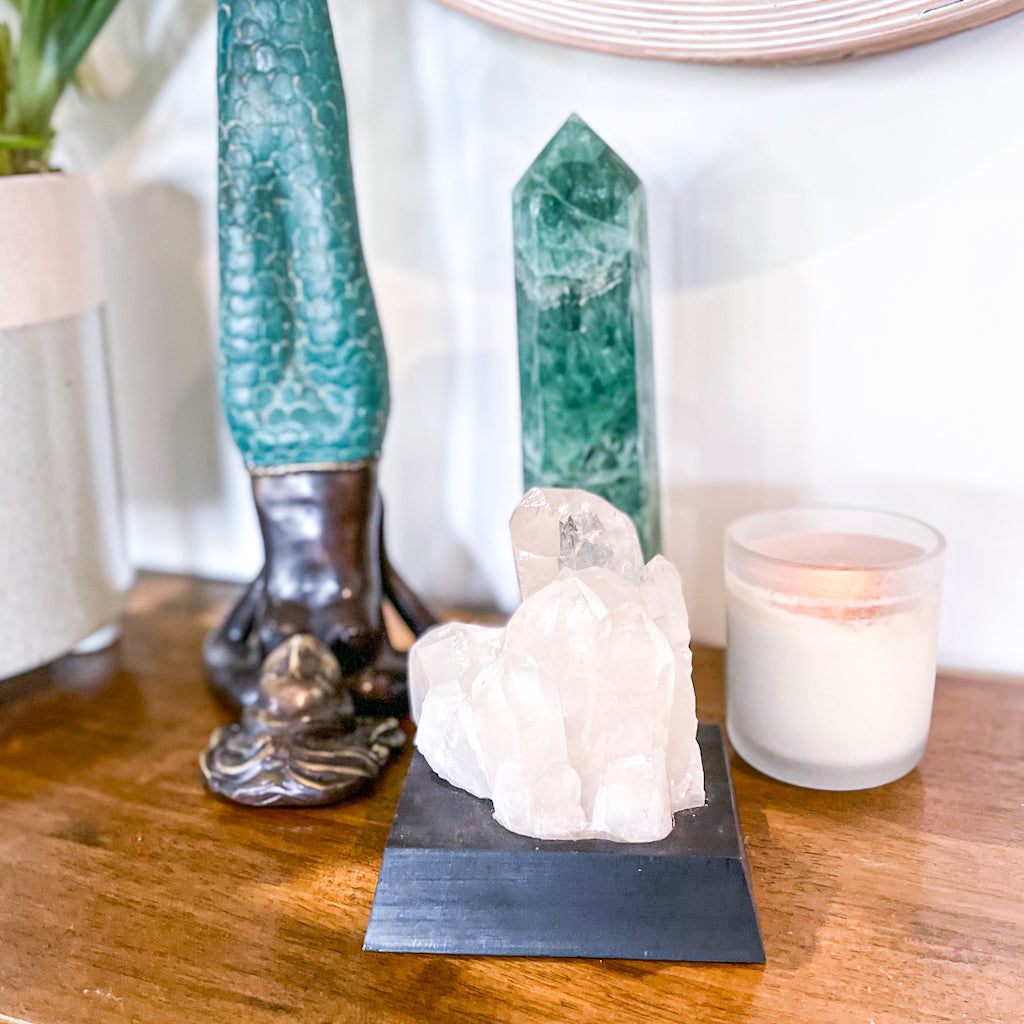 Lemurian Clear quartz rainbow inclusions + record keeper crystal cluster on stand XL