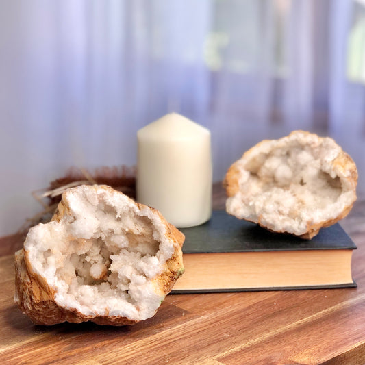 Clear quartz crystal geode cave pair L 980g