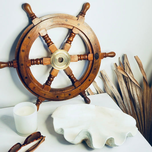Antique wood + brass sailing ship wheel wall decor