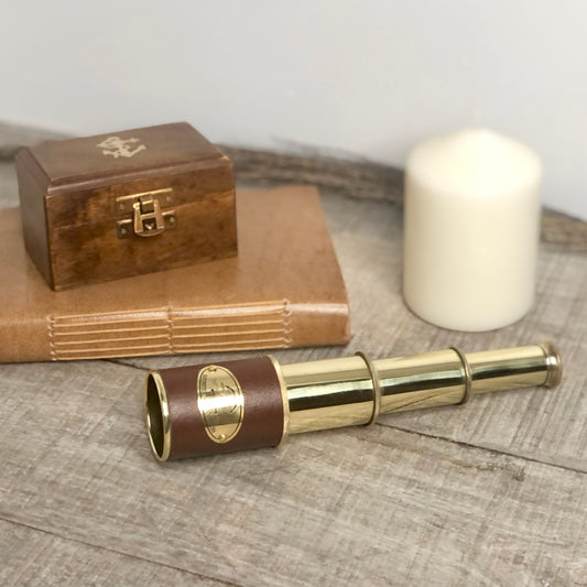 Antique Victorian brass + leather telescope with wooden box
