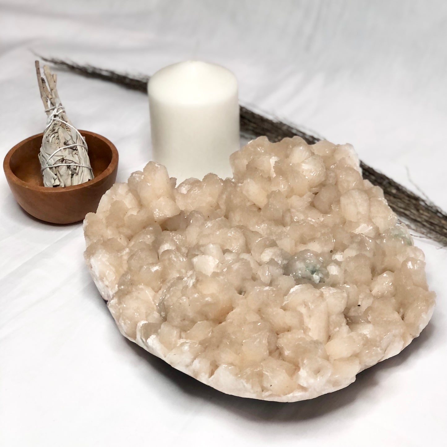 Peach stilbite + green Apophyllite crystal cluster XL