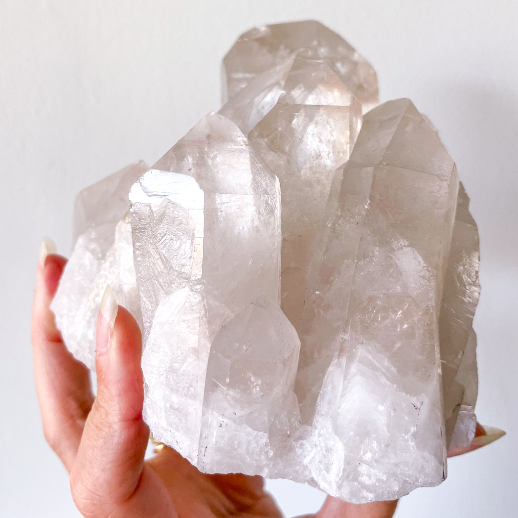 Lemurian Clear quartz rainbow inclusions + record keeper crystal cluster on stand XL