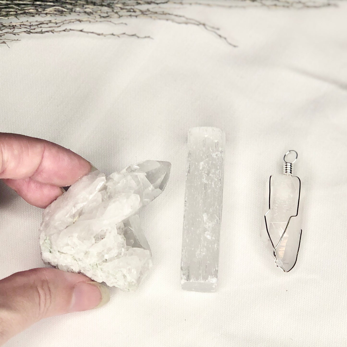 Crystal gift bundle - CLEANSE - Clear Quartz cluster, pendant + Selenite raw