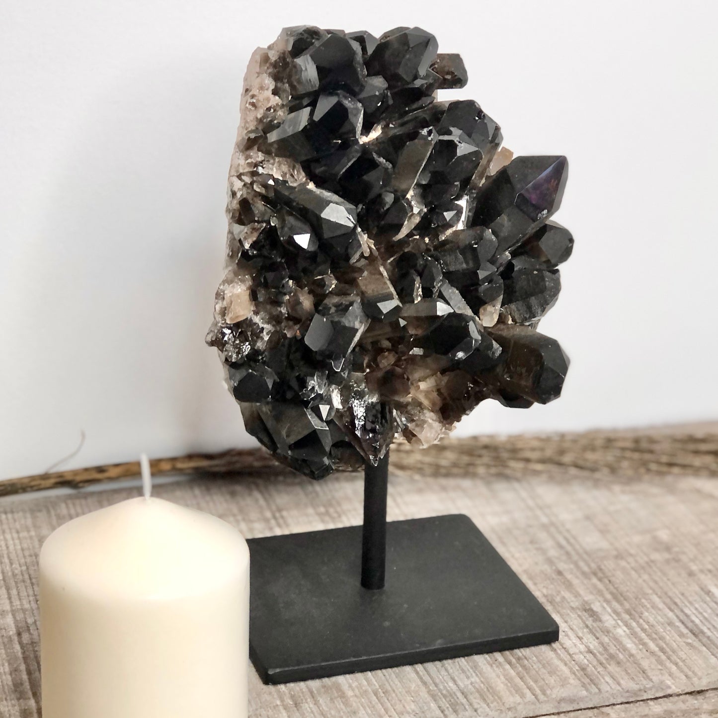 Smoky quartz crystal cluster on metal stand XL