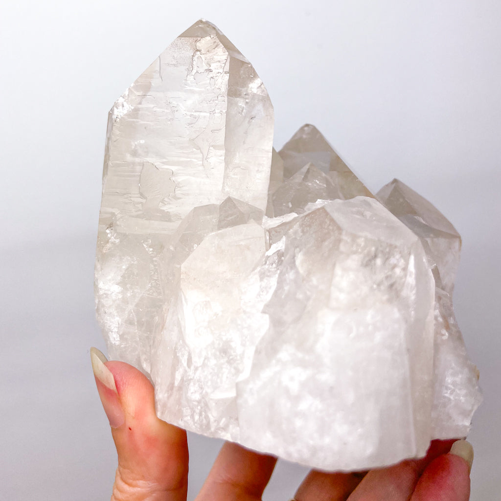Lemurian Clear quartz rainbow inclusions + record keeper crystal cluster on stand XL