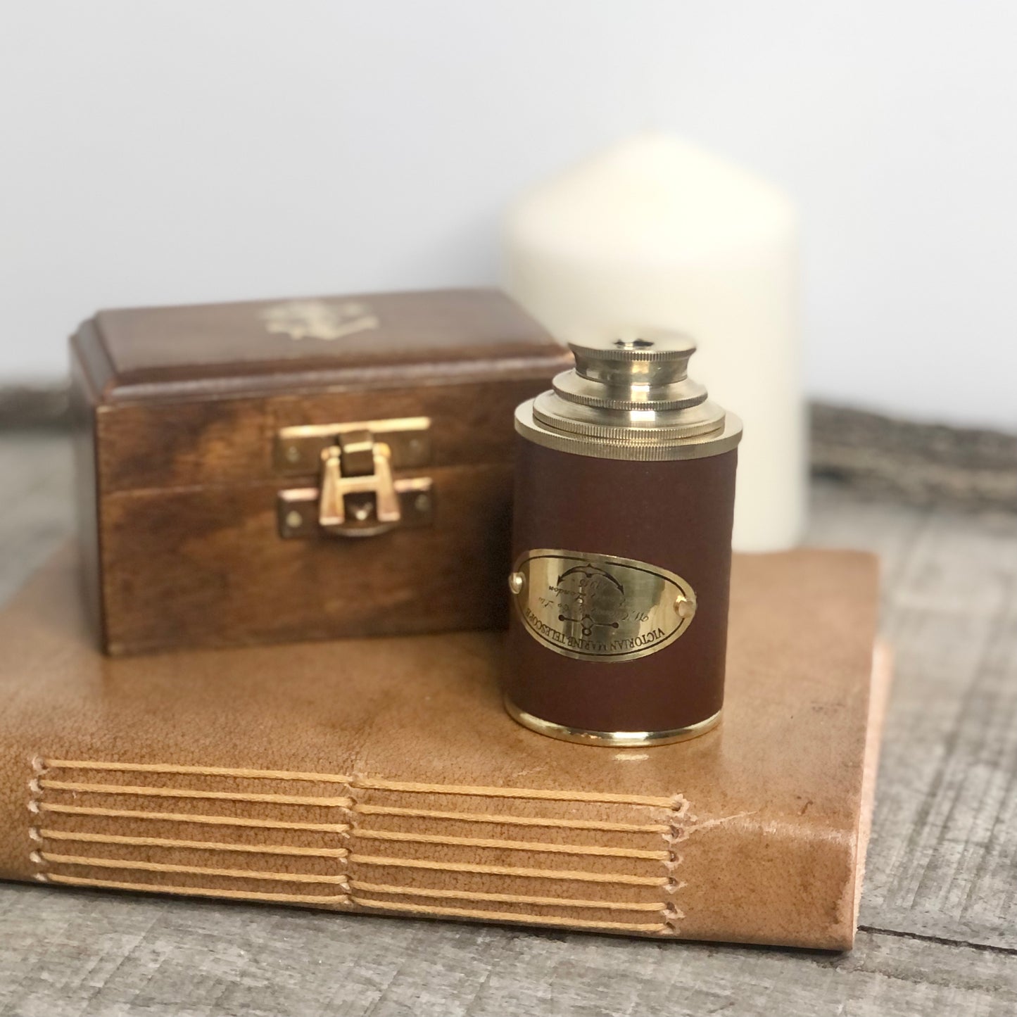 Antique Victorian brass + leather telescope with wooden box