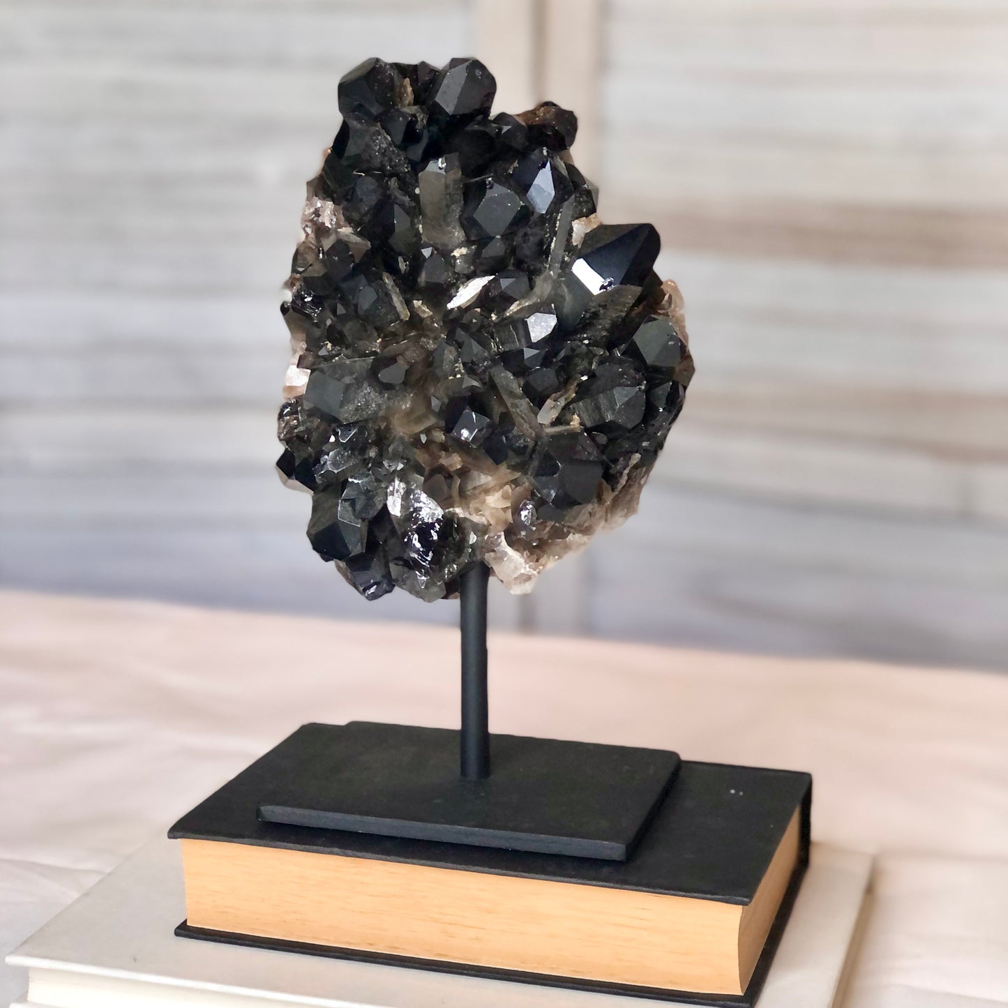 Smoky quartz crystal cluster on metal stand XL