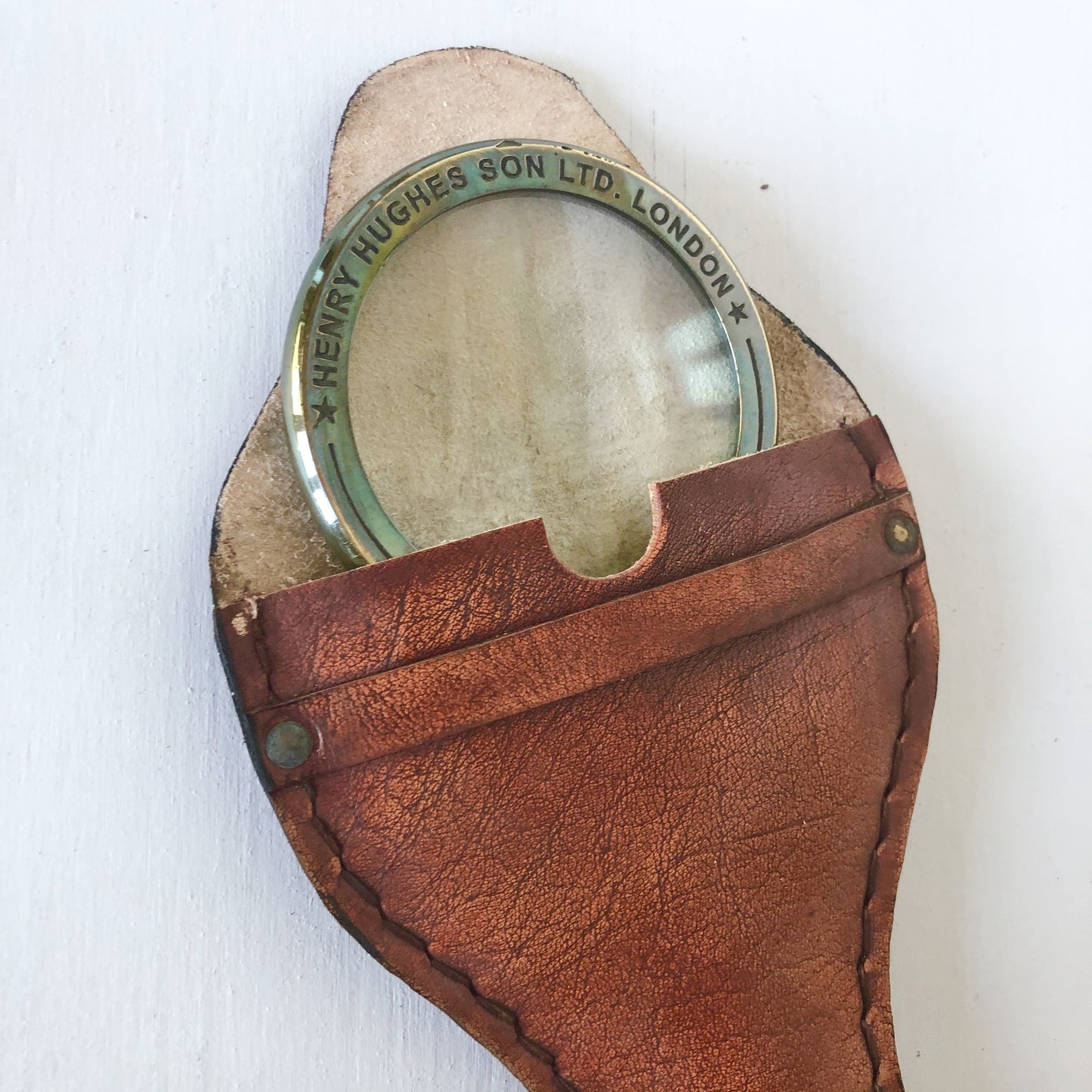 Antique brass magnifying glass + leather case