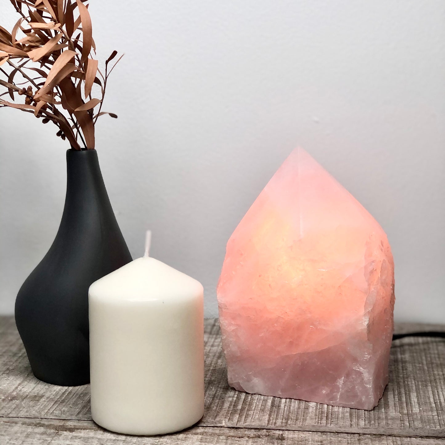 Rose quartz crystal lamp raw + polished generator tower