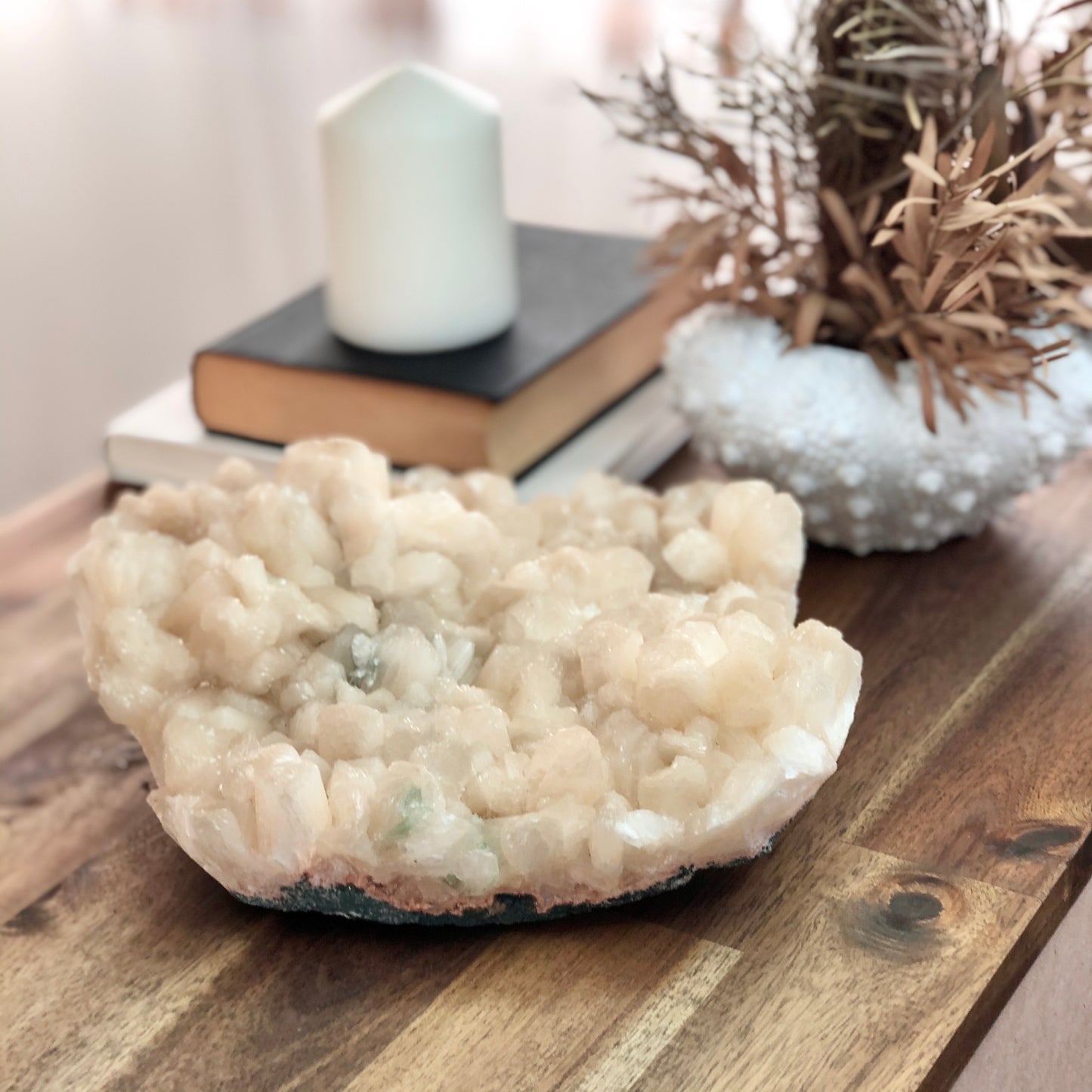Peach stilbite + green Apophyllite crystal cluster XL