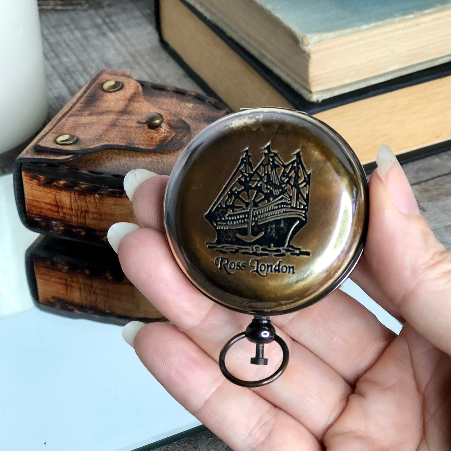 Antique brass compass + leather case