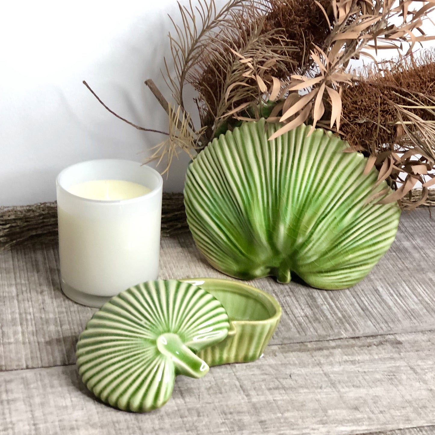Green palm frond trinket jar