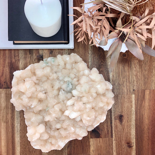 Peach stilbite + green Apophyllite crystal cluster XL