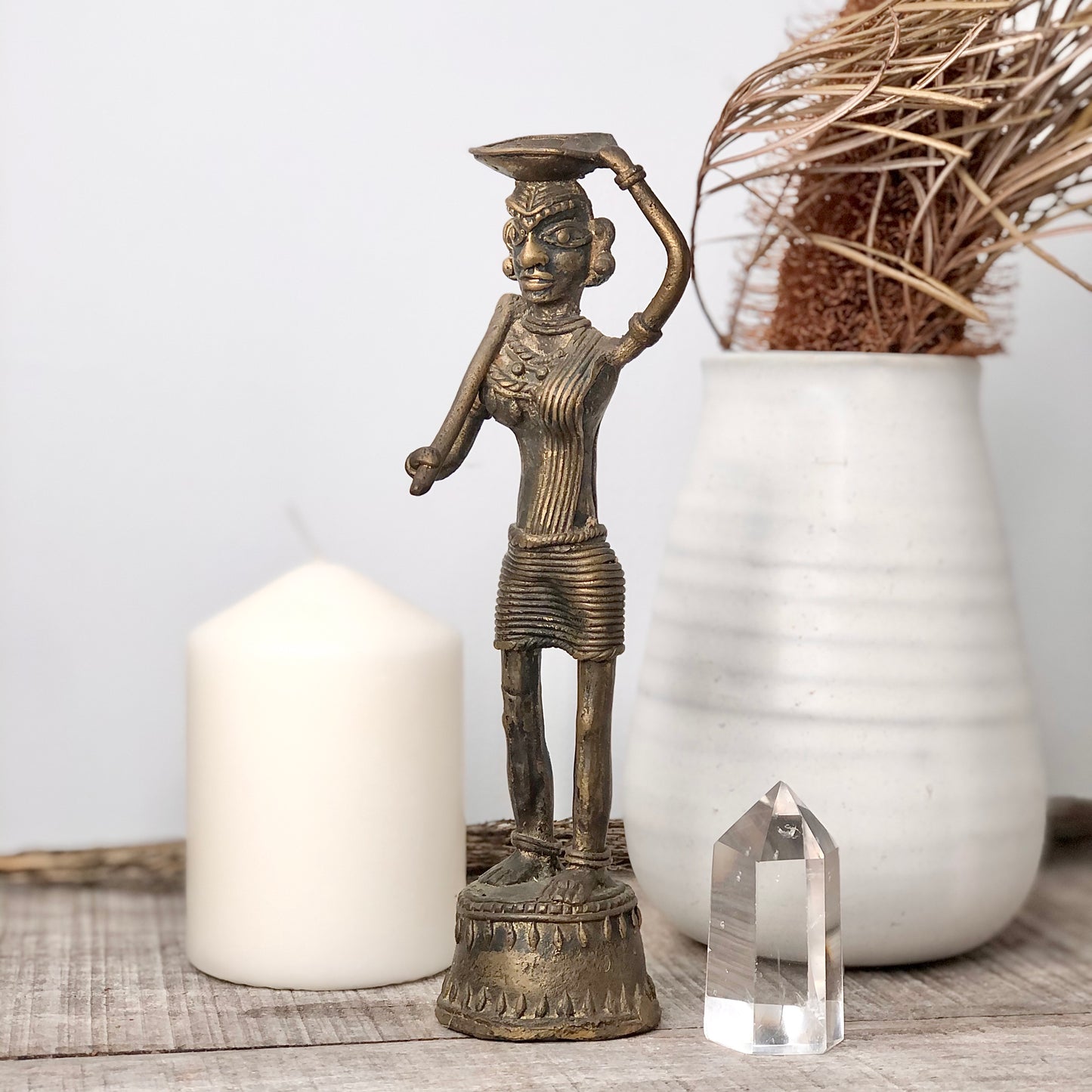 Antique brass lost wax tribal lady statue