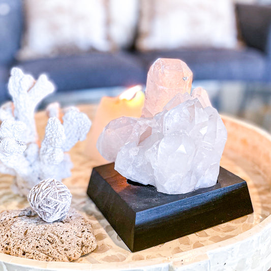 Lemurian Clear quartz rainbow inclusions + record keeper crystal cluster on stand XL