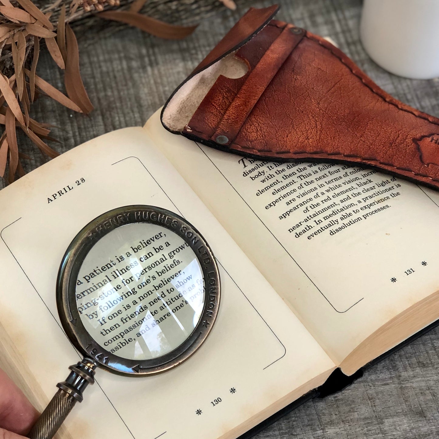 Antique brass magnifying glass + leather case