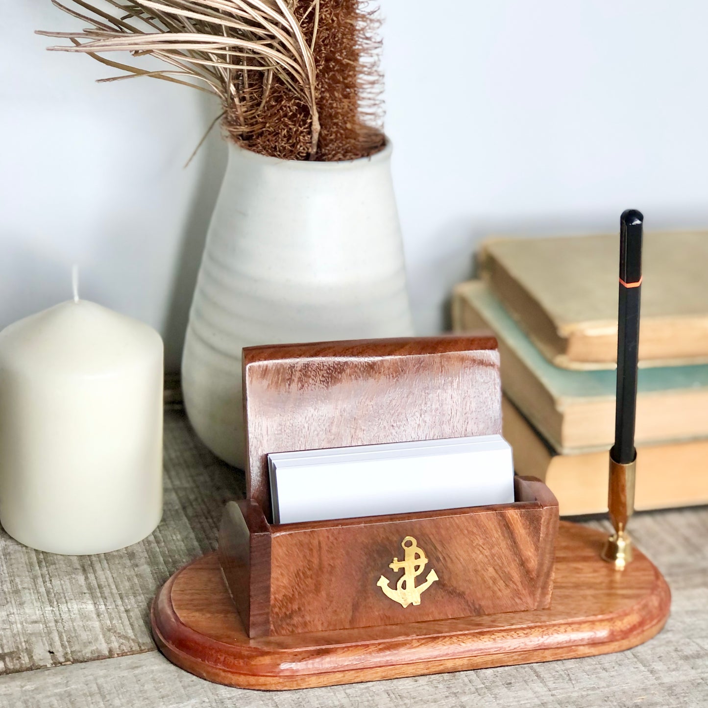 Sailing ship wooden desk pen + business card holder