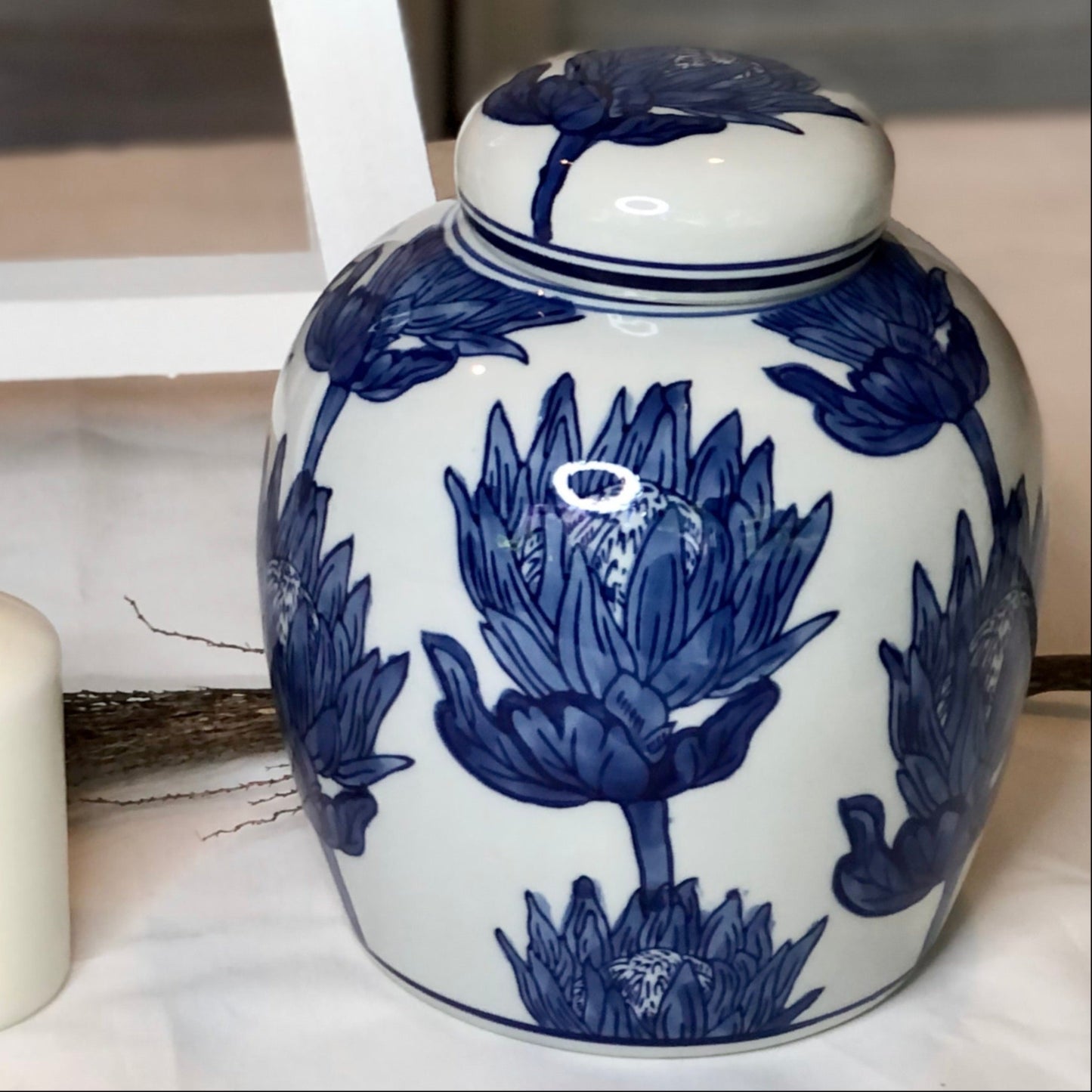 Blue + white floral ginger jar