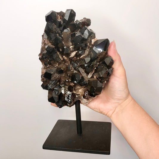 Smoky quartz crystal cluster on metal stand XL