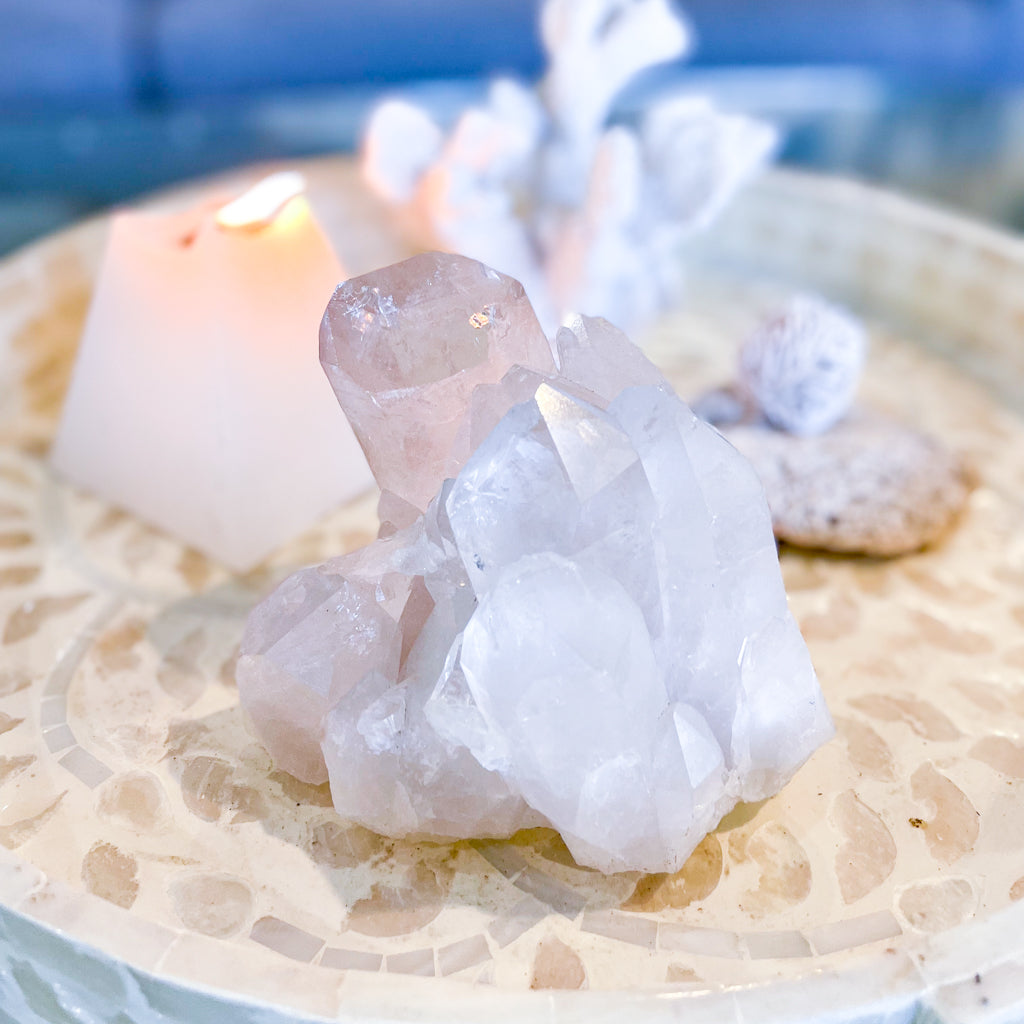 Lemurian Clear quartz rainbow inclusions + record keeper crystal cluster on stand XL