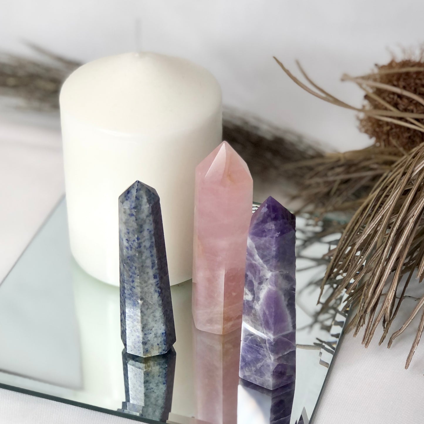Trio of crystal towers - Rose quartz, Chevron Amethyst + Sodalite points bundle