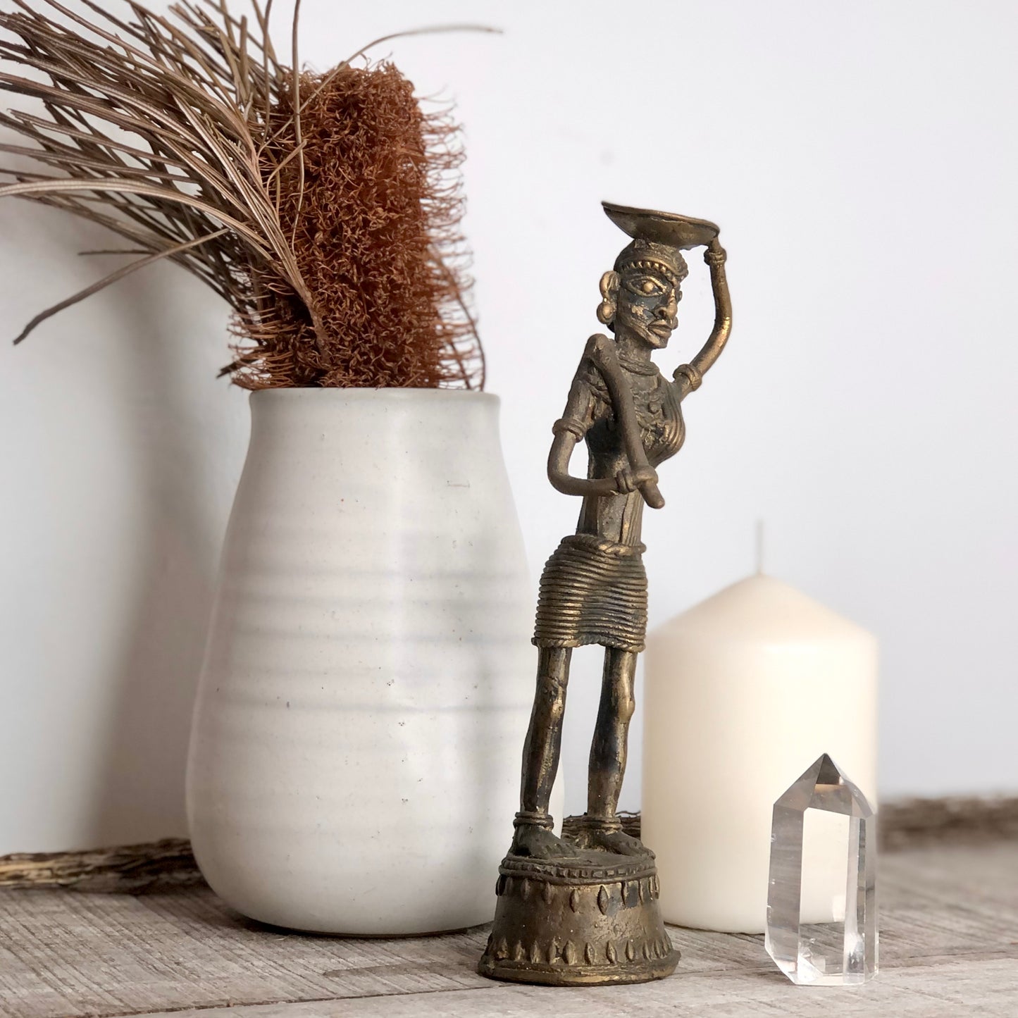 Antique brass lost wax tribal lady statue