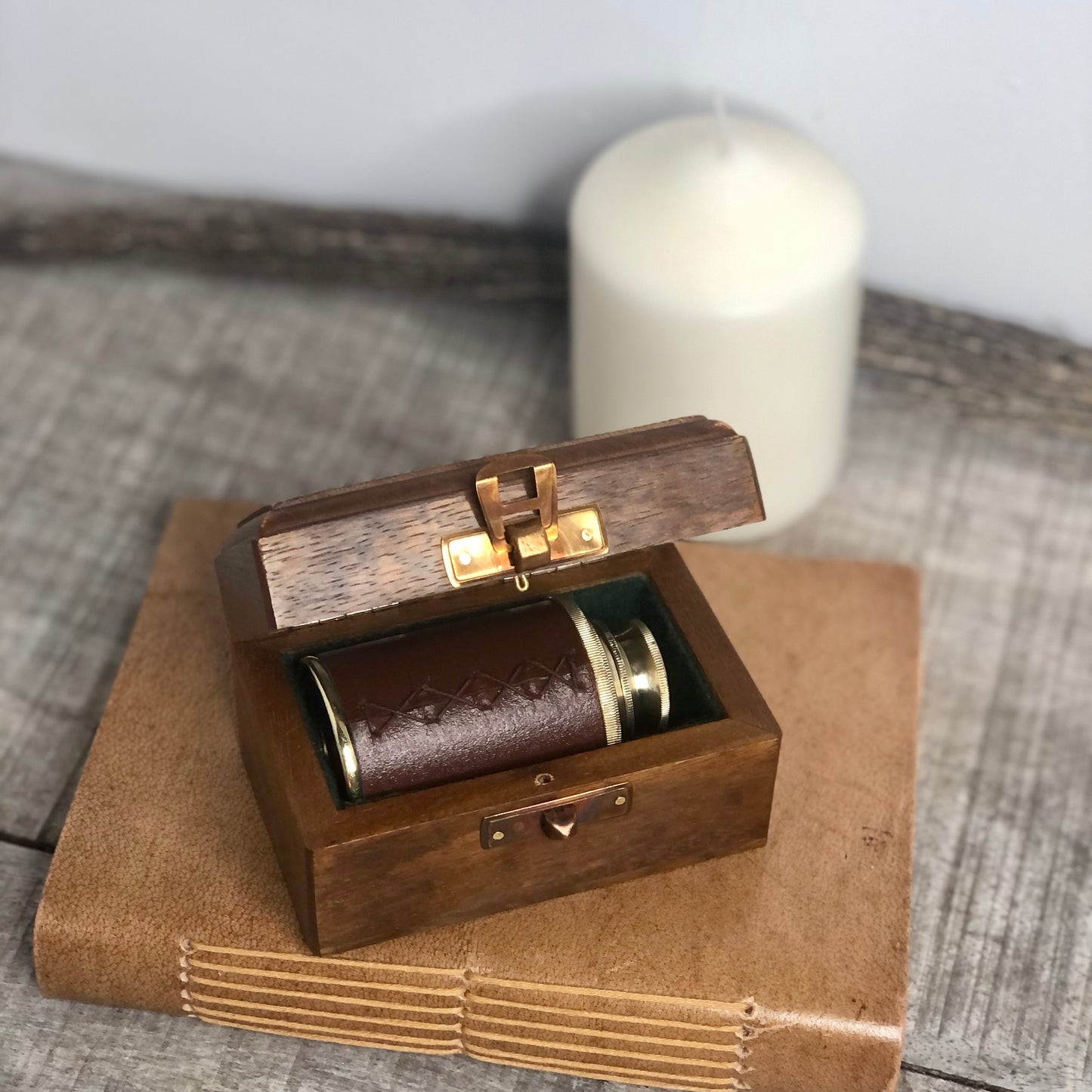 Antique Victorian brass + leather telescope with wooden box
