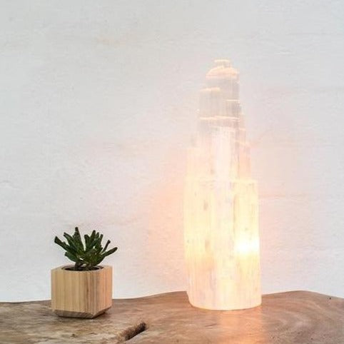 Selenite crystal tower lamp