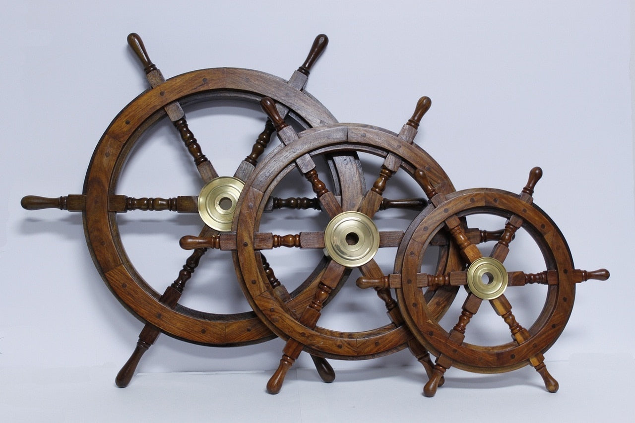 Antique wood + brass sailing ship wheel wall decor