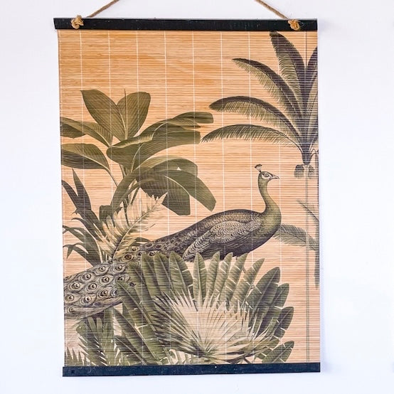 Crane or Peacock tropical bird bamboo hanging scroll
