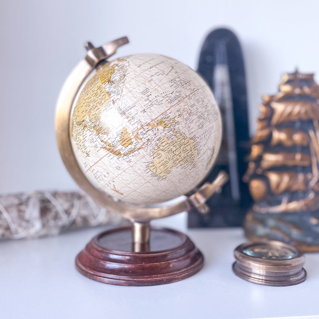 Antique world map globe with brass + wood stand