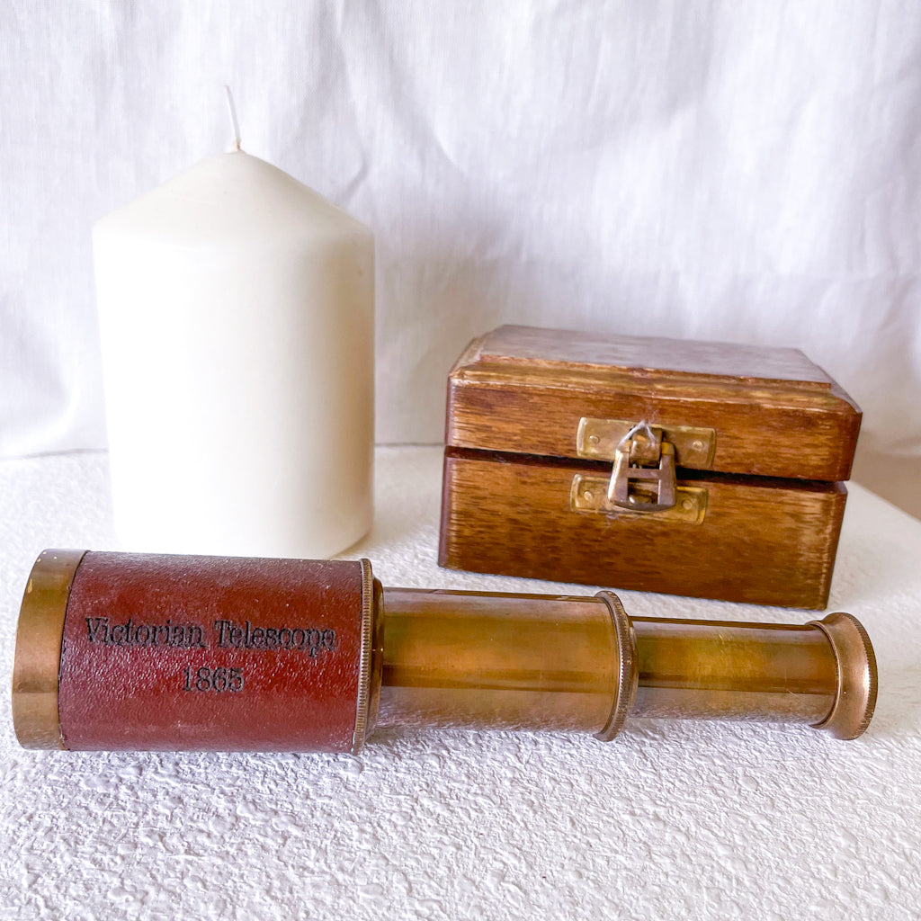 Antique brass + leather telescope with wooden box