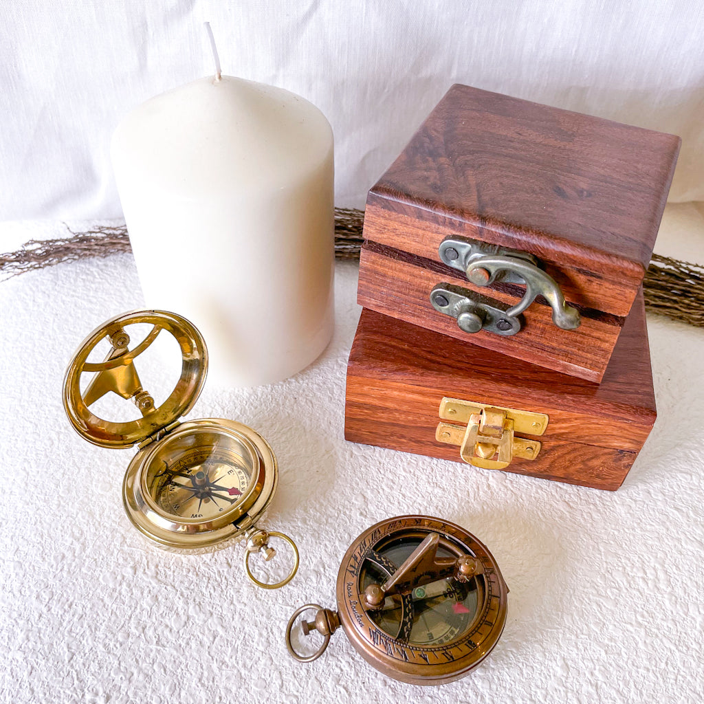 Antique brass compass, sundial and wooden box