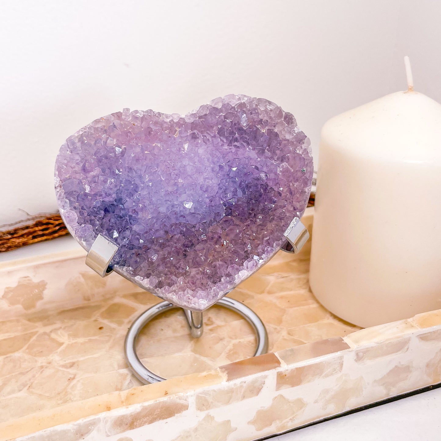 Amethyst crystal polished edge cluster heart 10cm with silver stand
