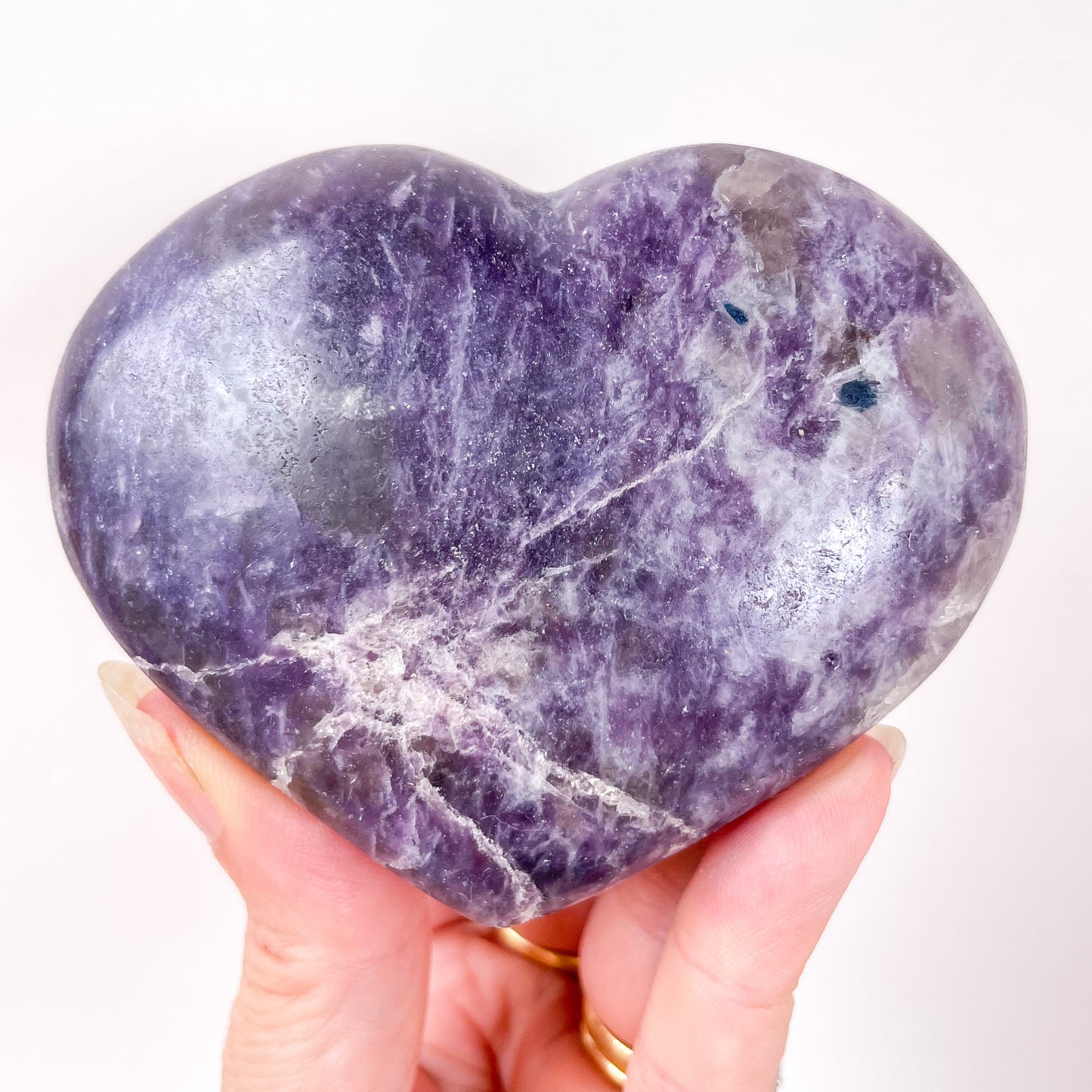 Lepidolite, Blue tourmaline + Smoky quartz crystal heart with stand