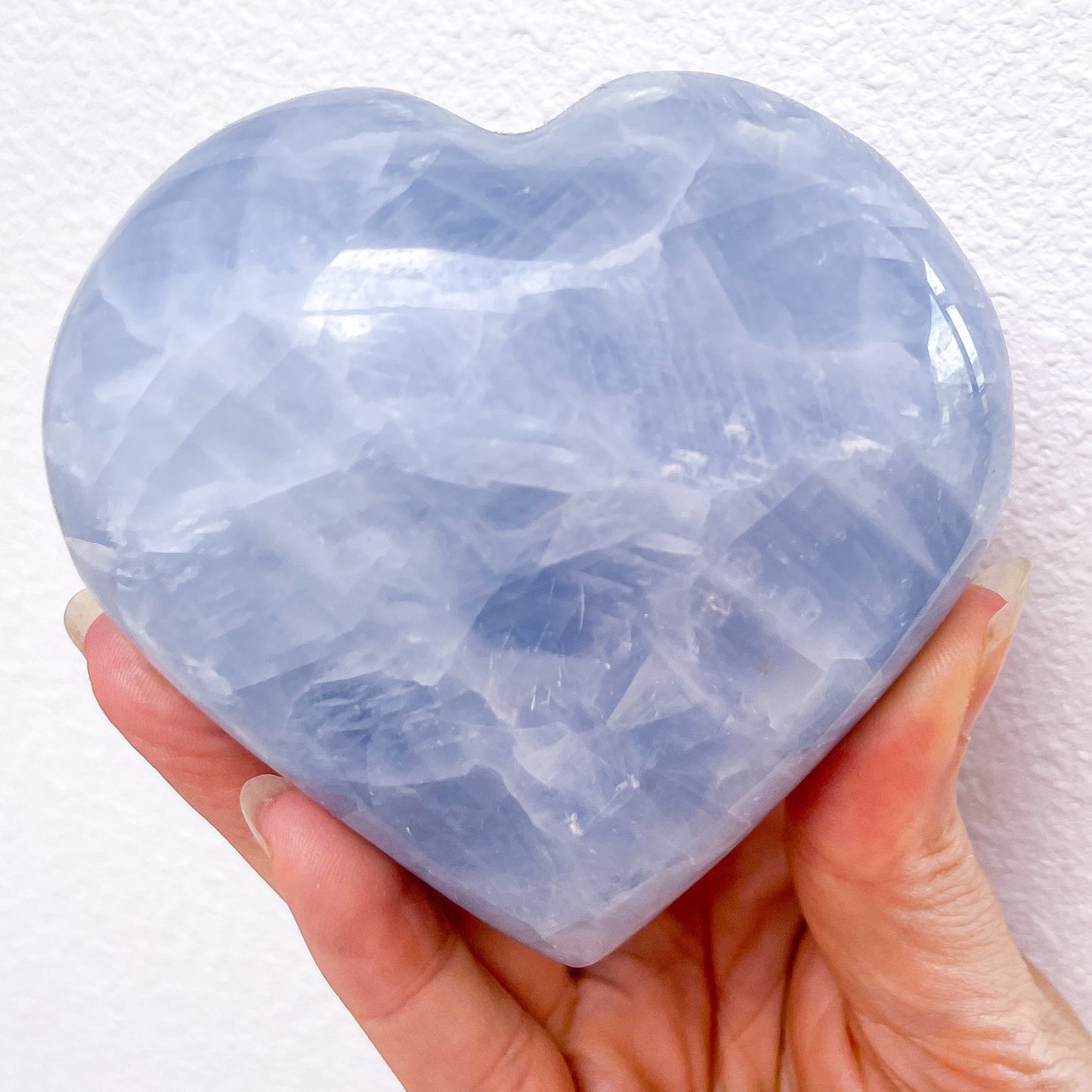 Blue Calcite rainbow inclusion crystal heart XL with stand