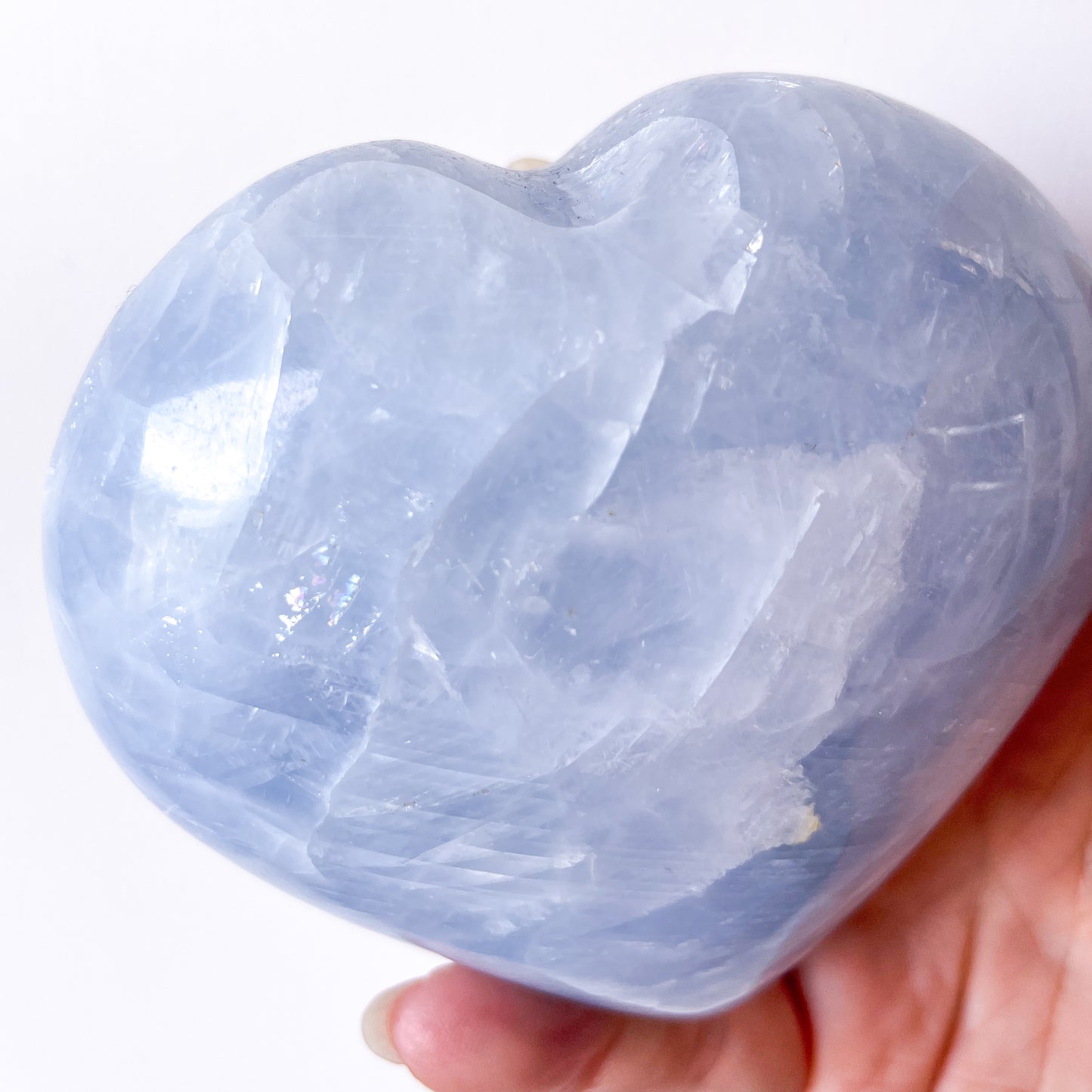Blue Calcite rainbow inclusion crystal heart XL with stand