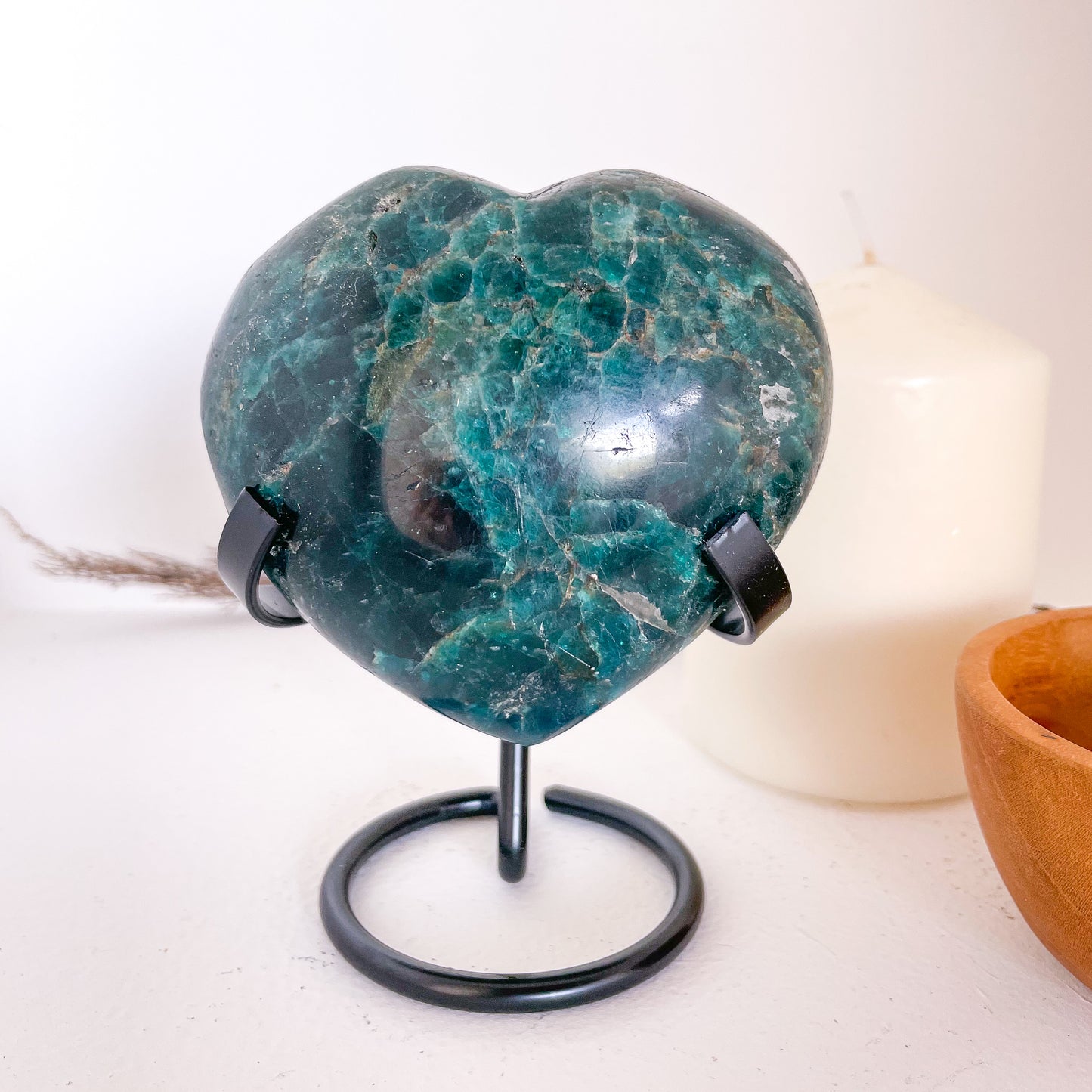 Apatite heart shaped crystal with stand
