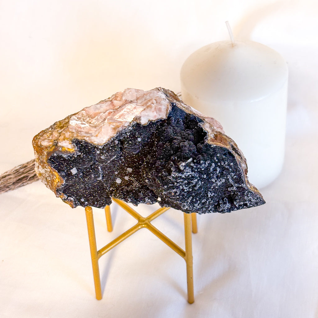 Manganese oxide, Rose quartz + Calcite crystal cluster on gold stand