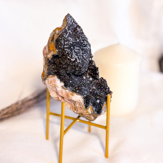 Manganese oxide, Rose quartz + Calcite crystal cluster on gold stand