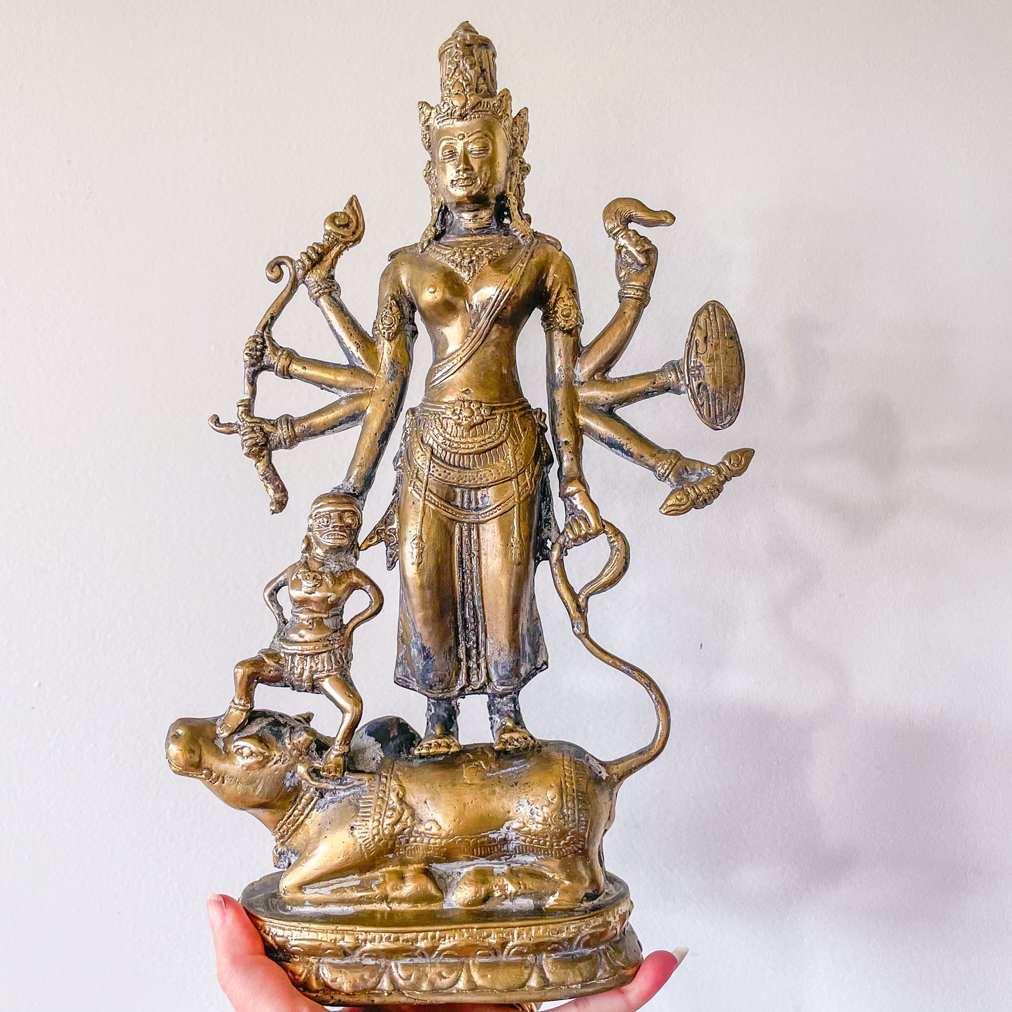 Antique lost wax brass Goddess Durga on buffalo demon statue