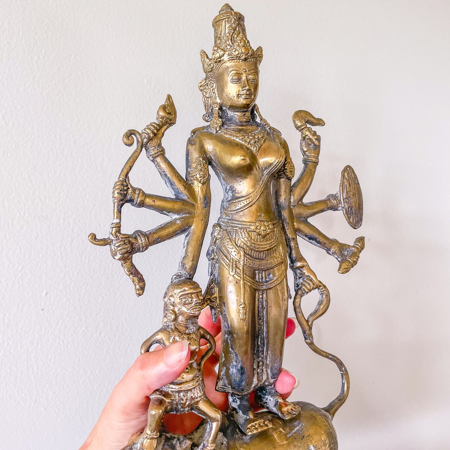 Antique lost wax brass Goddess Durga on buffalo demon statue