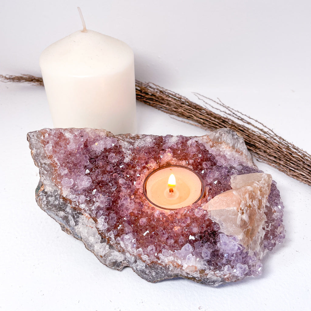 Amethyst + calcite crystal cluster candle holder XL 900g