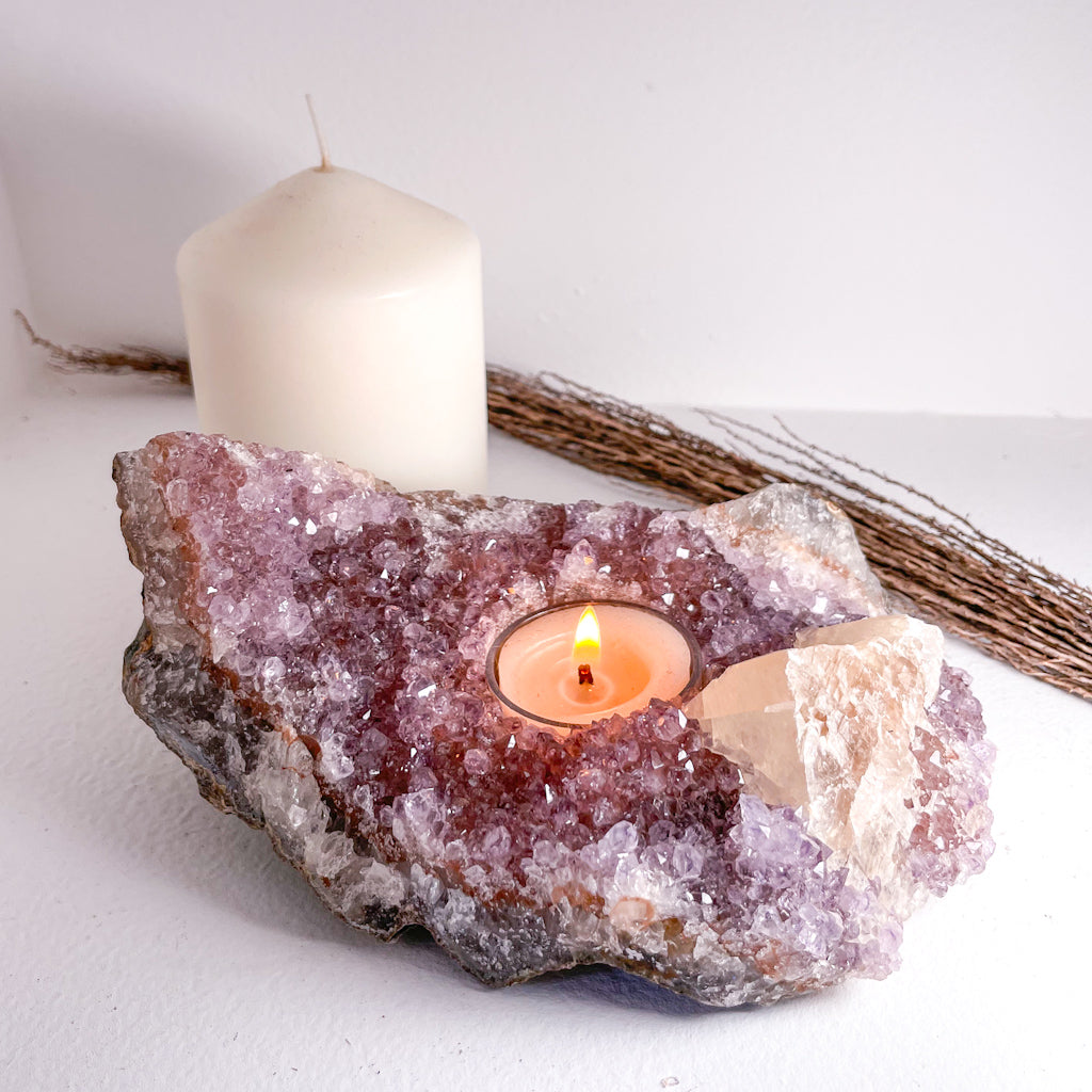 Amethyst + calcite crystal cluster candle holder XL 900g