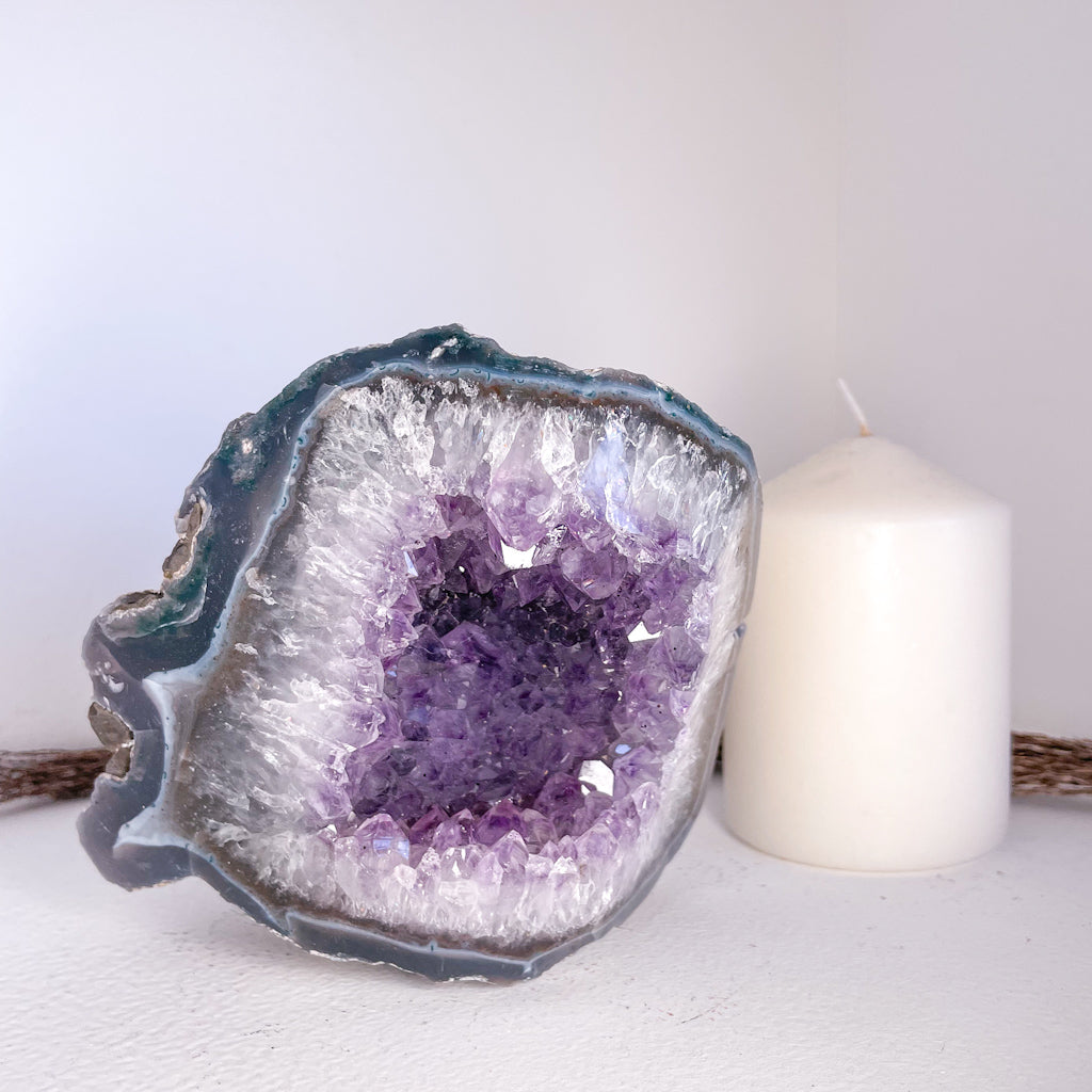 Blue Lace Agate + Amethyst polished edge crystal geode cluster 1.35kg