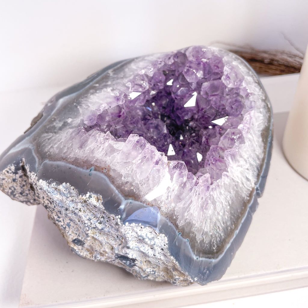 Blue Lace Agate + Amethyst polished edge crystal geode cluster 1.35kg