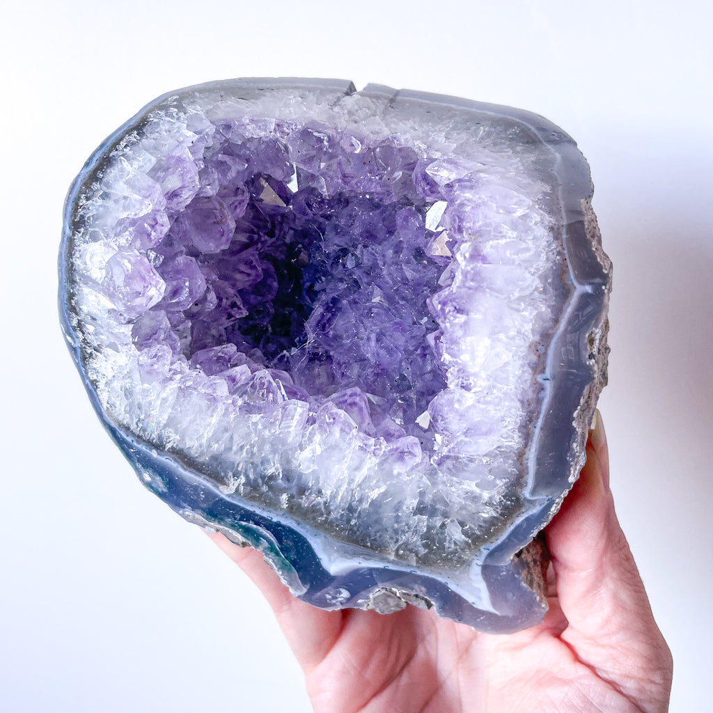 Blue Lace Agate + Amethyst polished edge crystal geode cluster 1.35kg